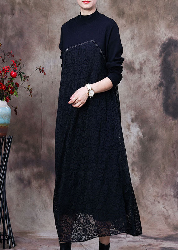 Modern Black Lace Patchwork Knit Long Dress Spring