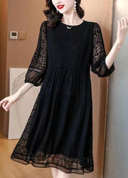 Modern Black O Neck Embroidered Patchwork Silk Mid Dress Fall