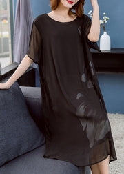 Moderne schwarze O-Neck-Blumendruck-drapierende Chiffon-Kleider mit kurzen Ärmeln