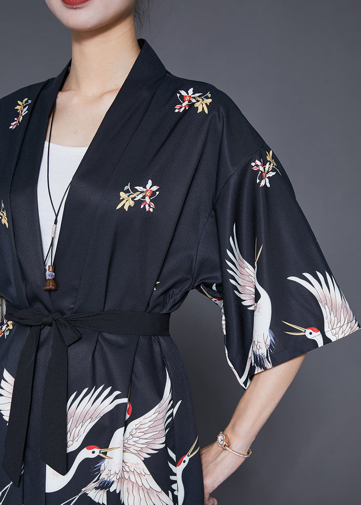 Modern Black Oversized Crane Print Linen Long Cardigans Half Sleeve