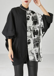 Modern Black Oversized Patchwork Print Cotton Shirt Batwing Sleeve