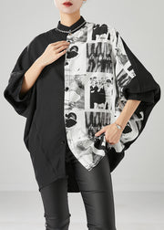 Modern Black Oversized Patchwork Print Cotton Shirt Batwing Sleeve