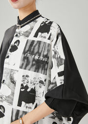 Modern Black Oversized Patchwork Print Cotton Shirt Batwing Sleeve