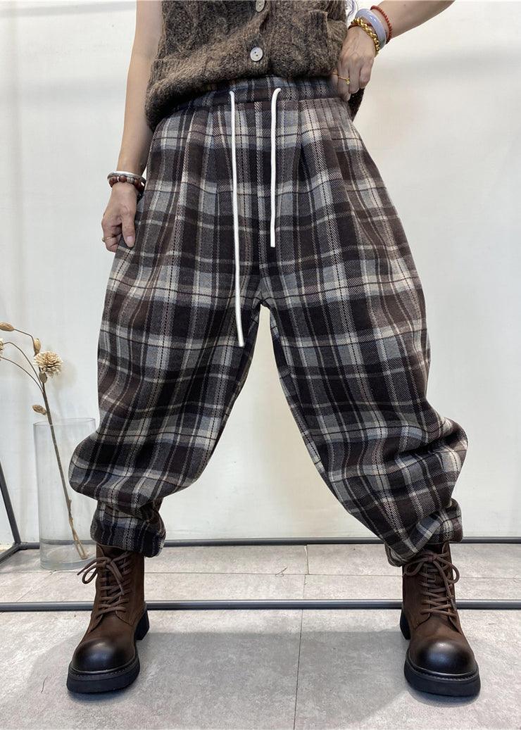 Modern Black Oversized Plaid Warm Fleece Pants Winter