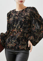 Modern Black Oversized Print Chiffon Top Puff Sleeve