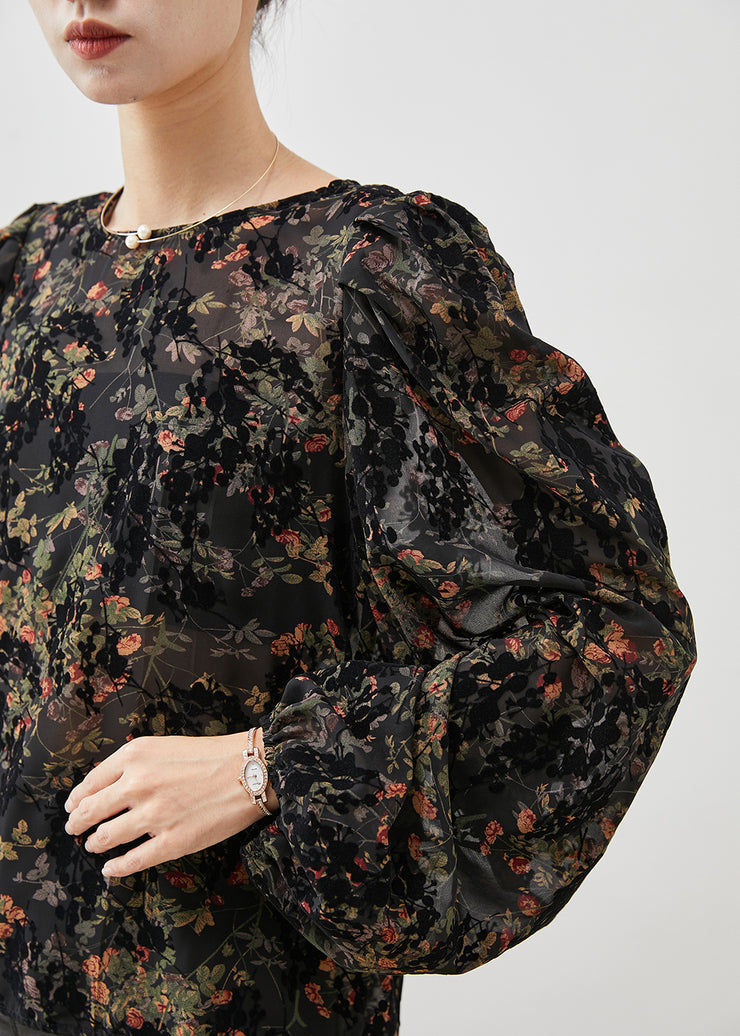 Modern Black Oversized Print Chiffon Top Puff Sleeve