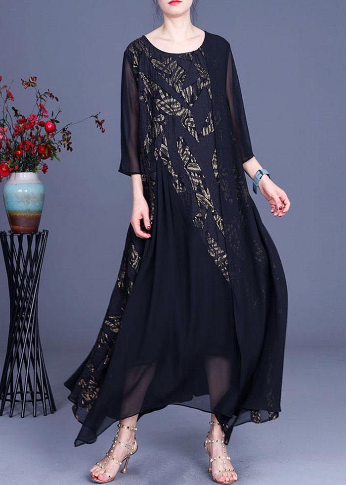 Modern Black Patchwork Asymmetrical Summer Silk Long Dress - bagstylebliss