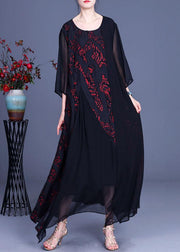 Modern Black Patchwork Asymmetrical Summer Silk Long Dress - bagstylebliss