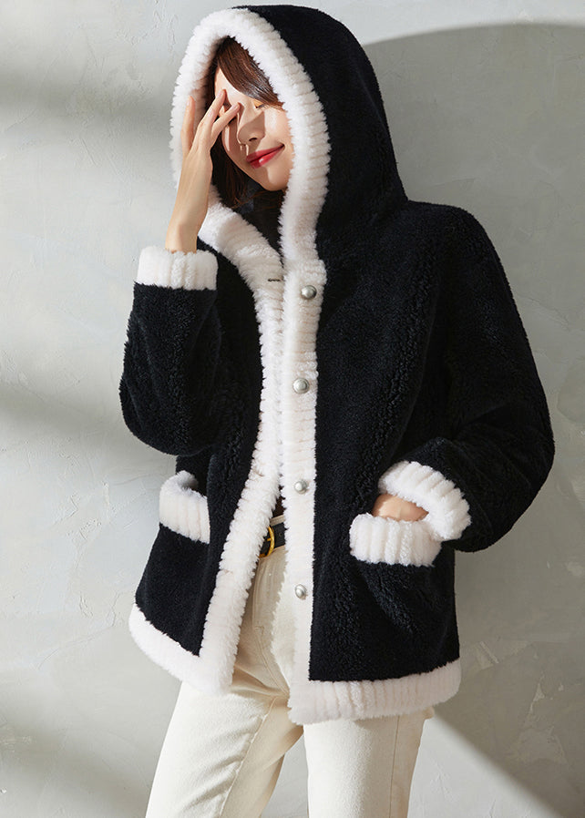 Modern Black Patchwork Button Thick Woolen Hooded Coat Winter