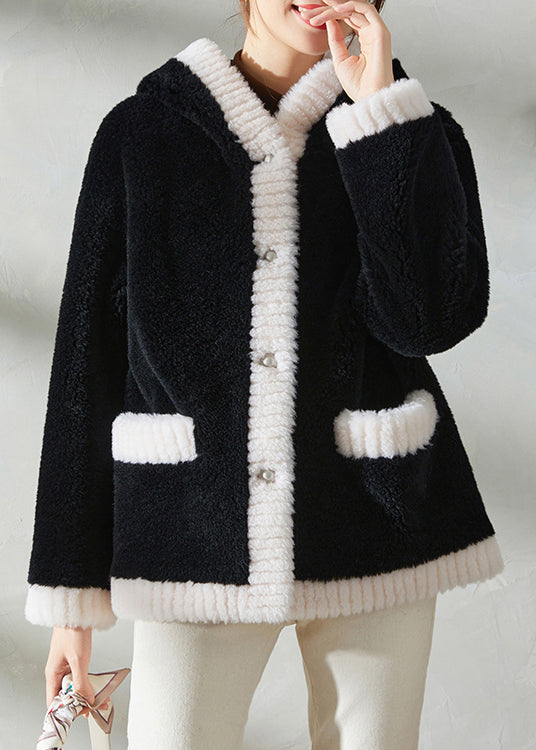 Modern Black Patchwork Button Thick Woolen Hooded Coat Winter