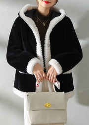 Modern Black Patchwork Button Thick Woolen Hooded Coat Winter