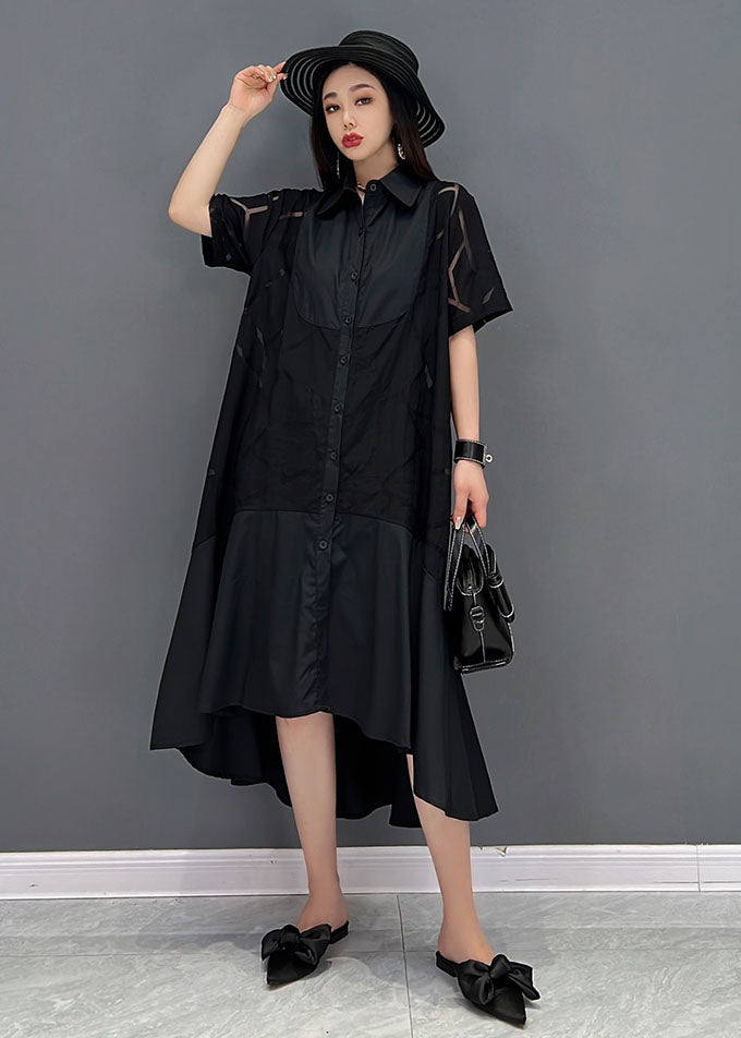 Modern Black Peter Pan Collar Patchwork Cotton Shirt Dress Short Sleeve