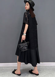 Modern Black Peter Pan Collar Patchwork Cotton Shirt Dress Short Sleeve