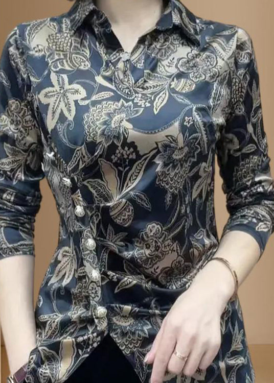 Modern Black Peter Pan Collar Print Patchwork Silk Shirts Fall