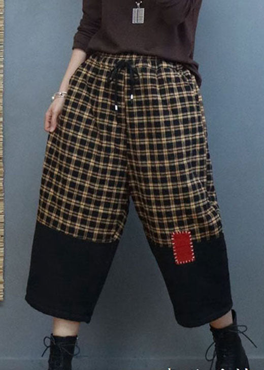 Modern Black Plaid drawstring Patchwork Casual Pants Winter