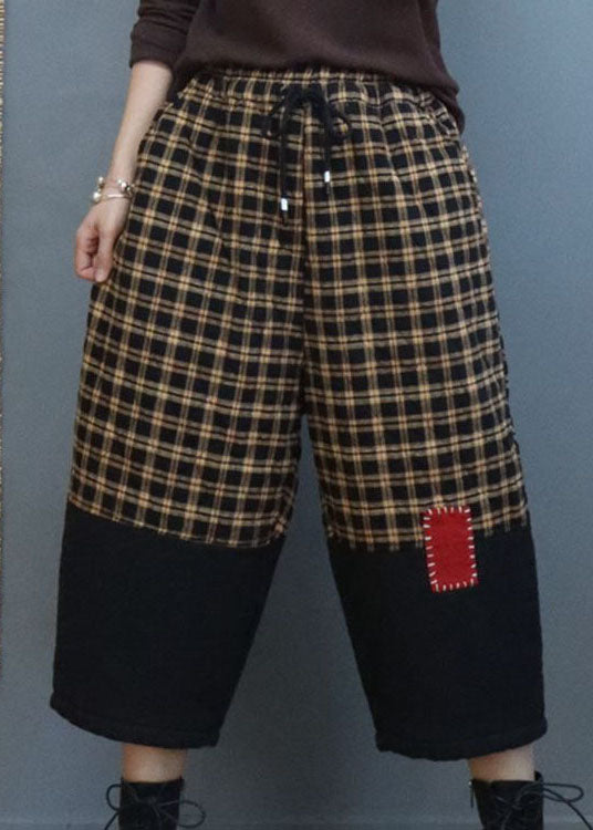 Modern Black Plaid drawstring Patchwork Casual Pants Winter