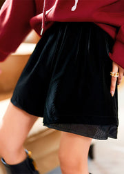 Modern Black Pockets Elastic Waist Patchwork Cotton Shorts Fall