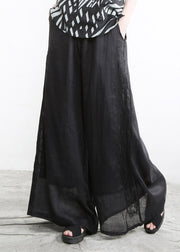 Modern Black Pockets Embroideried Floral Elastic Waist Linen Wide Leg Pants Summer