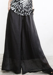 Modern Black Pockets Embroideried Floral Elastic Waist Linen Wide Leg Pants Summer