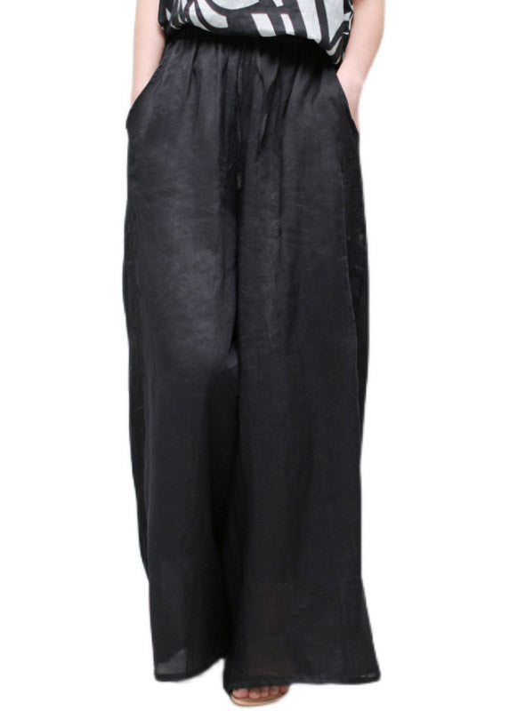 Modern Black Pockets Embroideried Floral Elastic Waist Linen Wide Leg Pants Summer