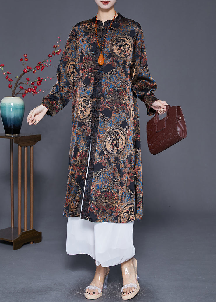 Modern Black Print Chinese Button Silk Coat Outwear Fall