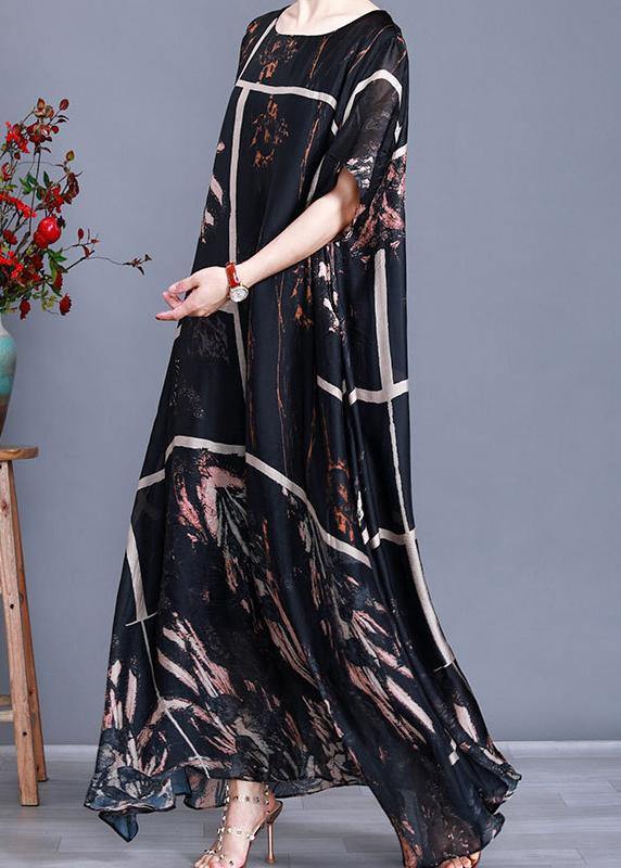 Modern Black Print Satin Maxi Dress Plus Size Patchwork Caftan - bagstylebliss