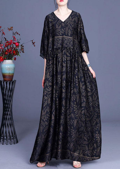 Modern Black Print Silk V Neck Dresses Summer - bagstylebliss