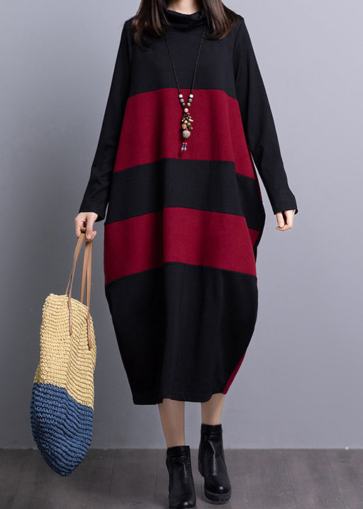 Modern Black Red Turtle Neck Knit Maxi Dress Long Sleeve