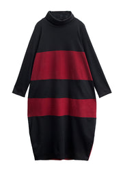 Modern Black Red Turtle Neck Knit Maxi Dress Long Sleeve