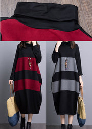 Modern Black Red Turtle Neck Knit Maxi Dress Long Sleeve