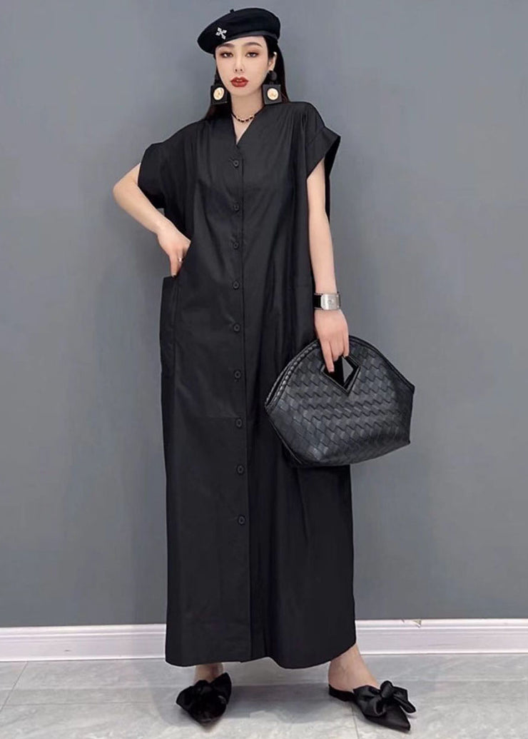 Modern Black Solid V Neck Button Pockets Cotton Long Shirt Dresses Short Sleeve