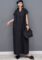 Modern Black Solid V Neck Button Pockets Cotton Long Shirt Dresses Short Sleeve