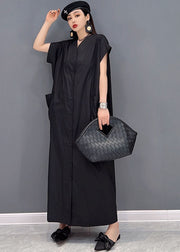 Modern Black Solid V Neck Button Pockets Cotton Long Shirt Dresses Short Sleeve