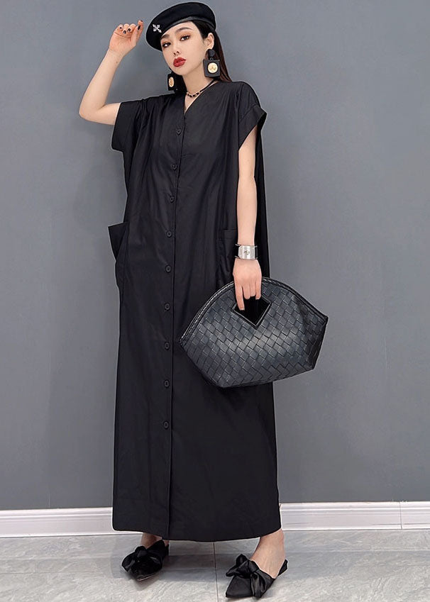 Modern Black Solid V Neck Button Pockets Cotton Long Shirt Dresses Short Sleeve