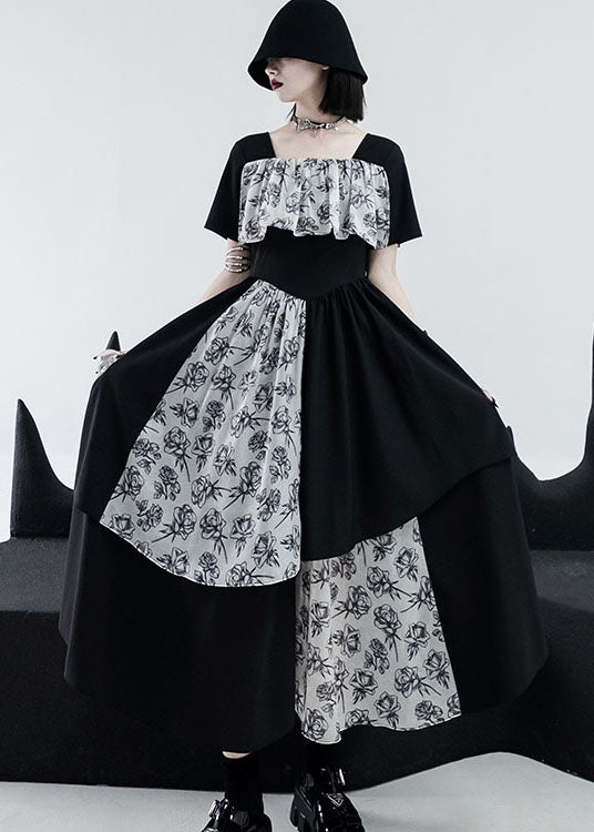 Modern Black Square Collar Asymmetrical Design Patchwork Print Long Dress Short Sleeve