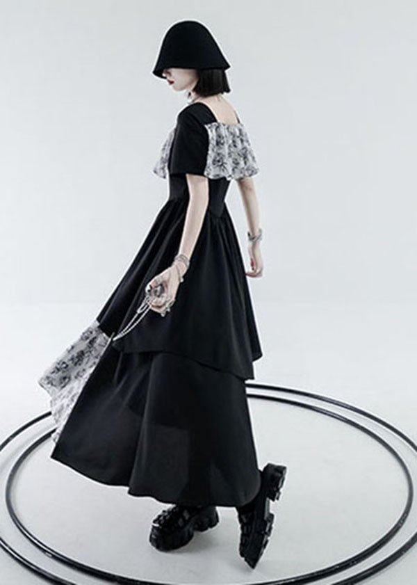 Modern Black Square Collar Asymmetrical Design Patchwork Print Long Dress Short Sleeve