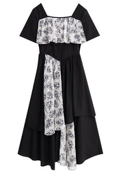 Modern Black Square Collar Asymmetrical Design Patchwork Print Long Dress Short Sleeve