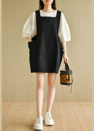 Modern Black Square Collar Pockets Summer Cotton Dresses Sleeveless - bagstylebliss