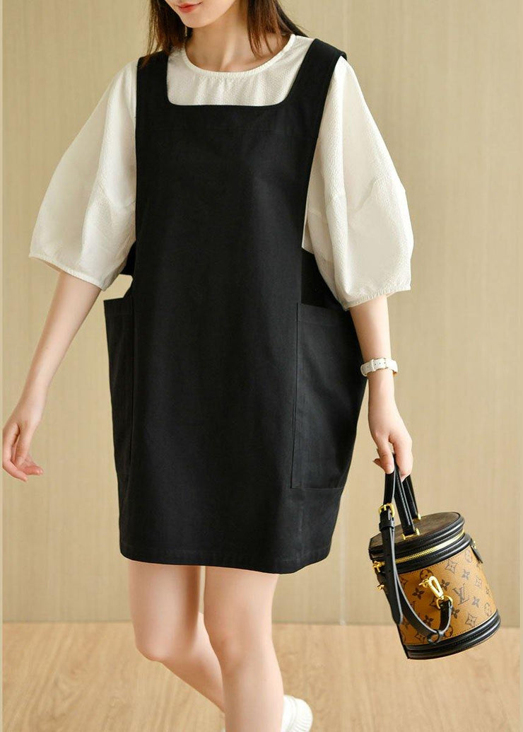 Modern Black Square Collar Pockets Summer Cotton Dresses Sleeveless - bagstylebliss