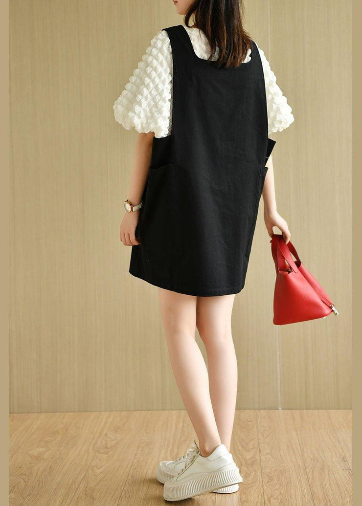 Modern Black Square Collar Pockets Summer Cotton Dresses Sleeveless - bagstylebliss