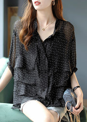 Modern Black Stand Collar Pockets Letter Print Chiffon Shirt Short Sleeve