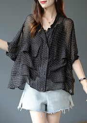 Modern Black Stand Collar Pockets Letter Print Chiffon Shirt Short Sleeve