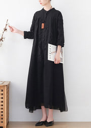 Modern Black Stand Collar Wrinkled Patchwork Shirt Dresses Long Sleeve