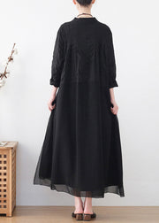 Modern Black Stand Collar Wrinkled Patchwork Shirt Dresses Long Sleeve