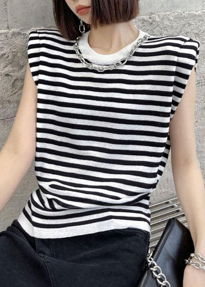 Modern Black Striped Summer Tee Short Sleeve Cold Shoulder - bagstylebliss