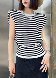 Modern Black Striped Summer Tee Short Sleeve Cold Shoulder - bagstylebliss