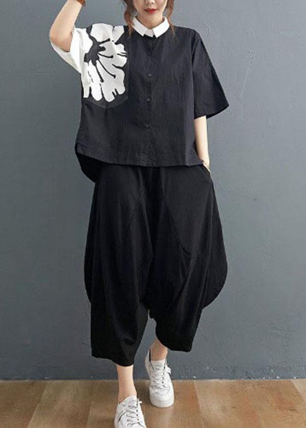 Modern Black Turn-down Collar Summer Cotton Linen Two Pieces Set - bagstylebliss