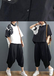Modern Black Turn-down Collar Summer Cotton Linen Two Pieces Set - bagstylebliss