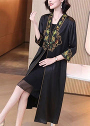 Modern Black V Neck Embroidered Floral Button Trench Coat Long Sleeve