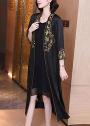 Modern Black V Neck Embroidered Floral Button Trench Coat Long Sleeve